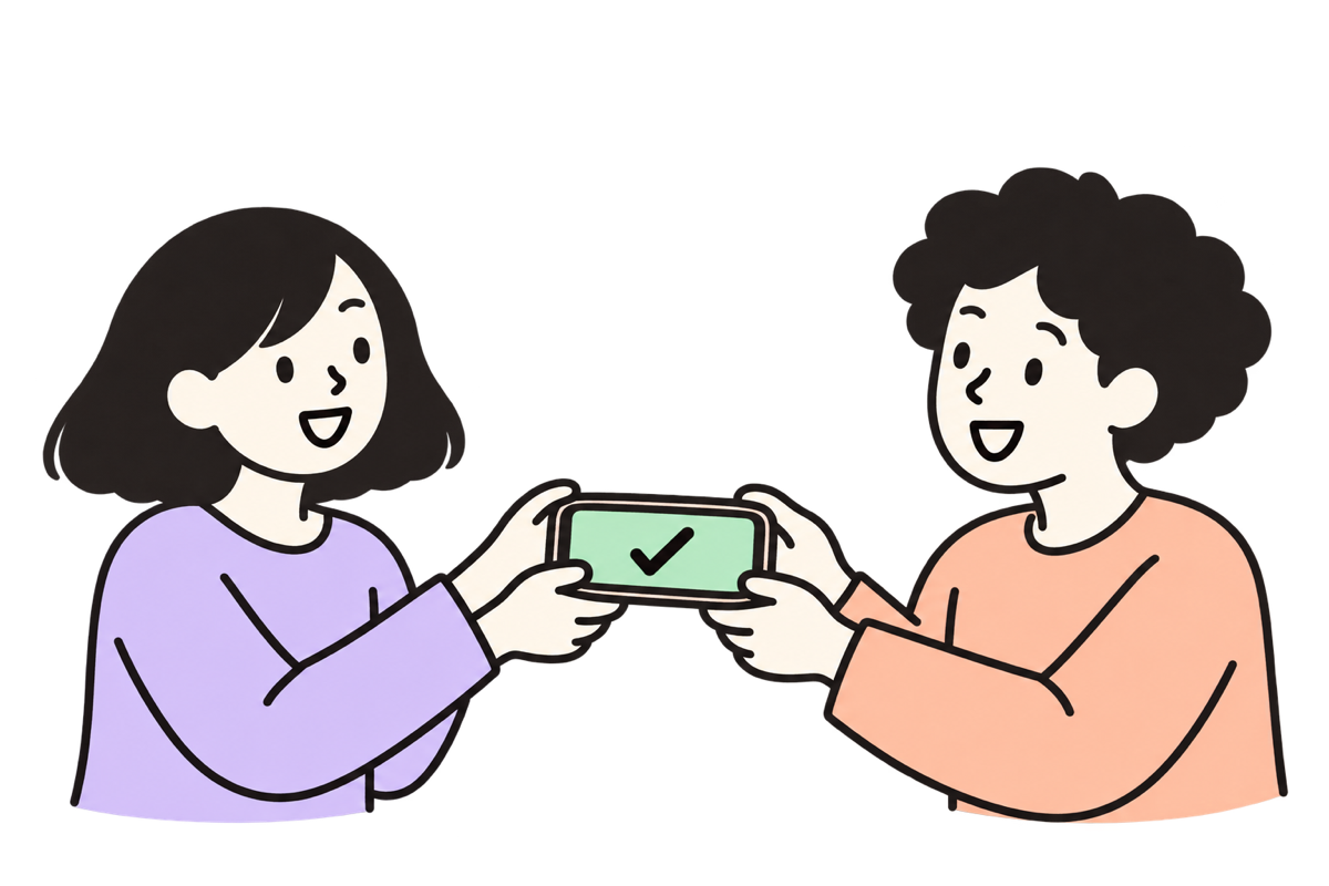 Two friends handing a phone to each other
